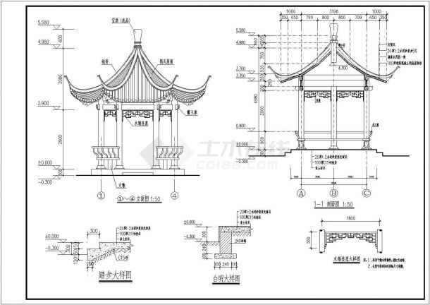 钢筋混凝土结构单檐仿古六角亭设计cad全套建筑施工图（含设计说明）