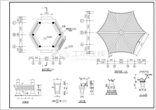 钢筋混凝土结构单檐仿古六角亭设计cad全套建筑施工图（含设计说明）