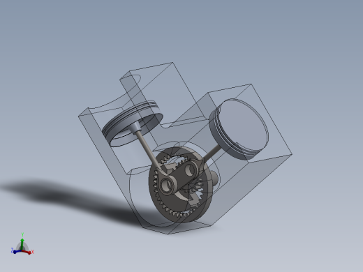 这是一个V型双引擎利用齿轮和曲柄产生直线运动