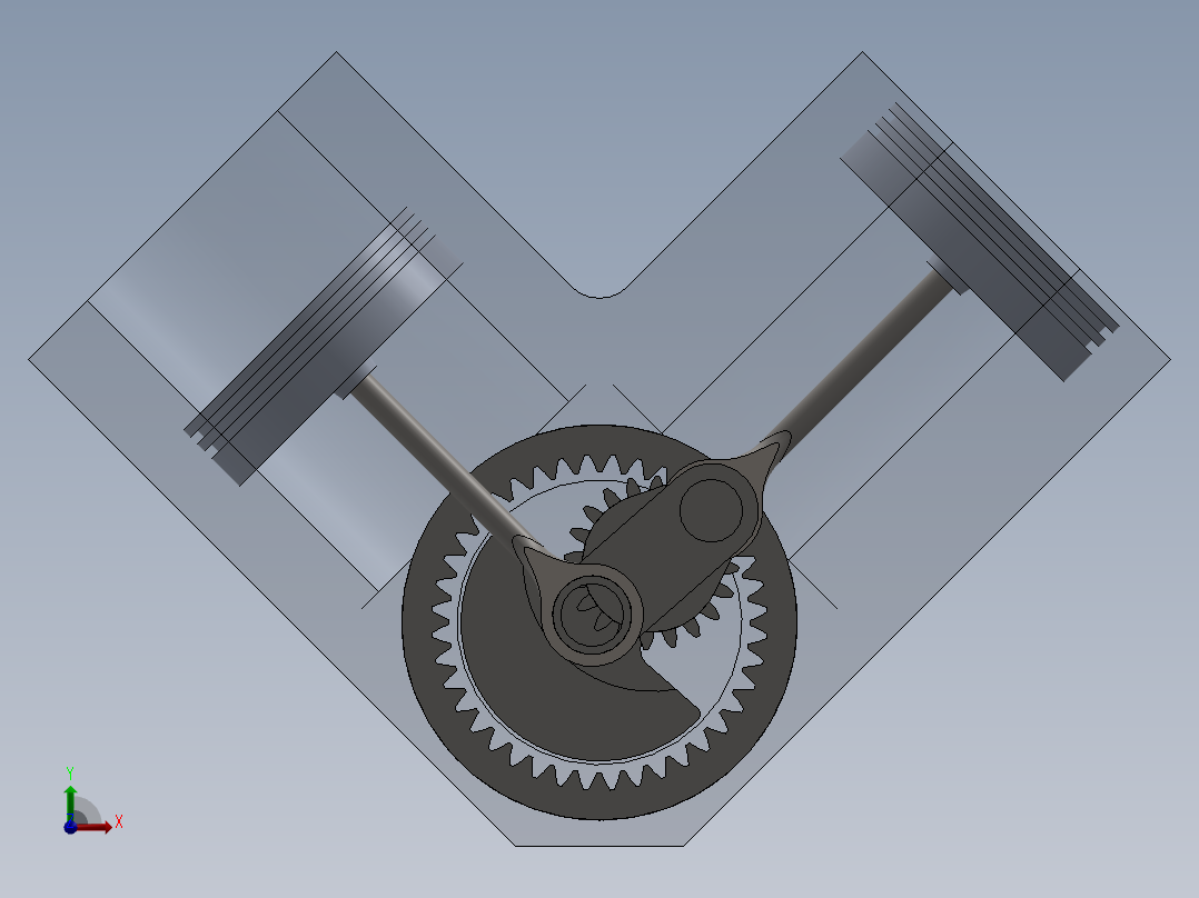 这是一个V型双引擎利用齿轮和曲柄产生直线运动前视图