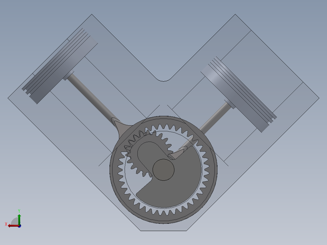 这是一个V型双引擎利用齿轮和曲柄产生直线运动后视图