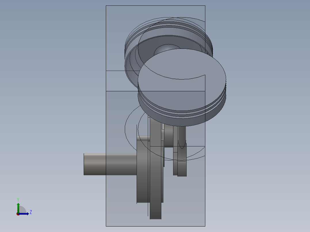 这是一个V型双引擎利用齿轮和曲柄产生直线运动左视图