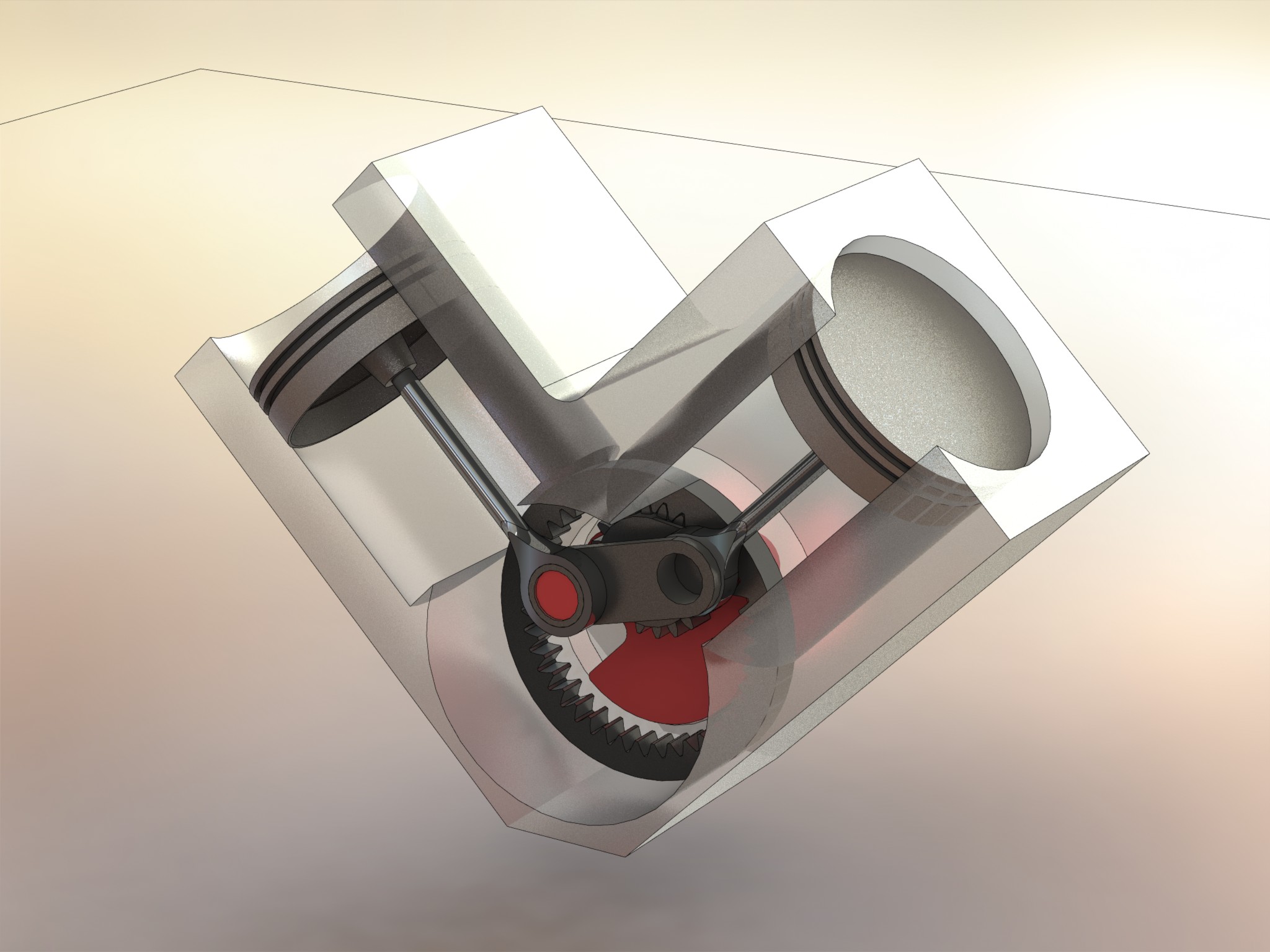 这是一个V型双引擎利用齿轮和曲柄产生直线运动