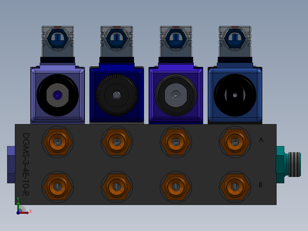 液压块（DGM-3-4E-12-R）（4站）配备4个伊顿（EATON）电磁驱动单向阀（单级）前视图
