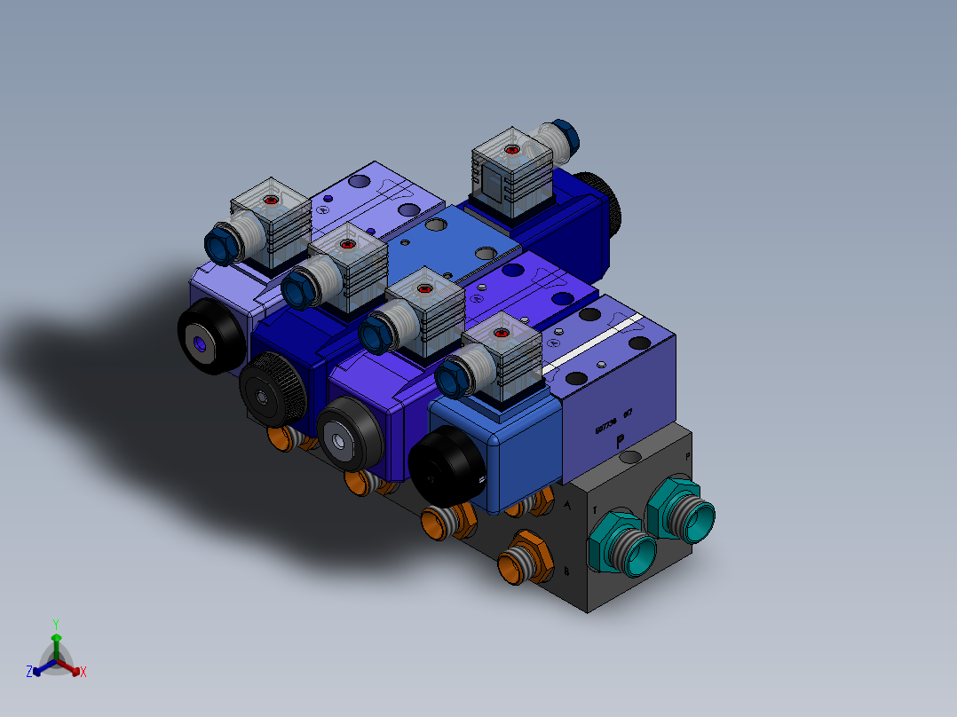 液压块（DGM-3-4E-12-R）（4站）配备4个伊顿（EATON）电磁驱动单向阀（单级）正等轴测图