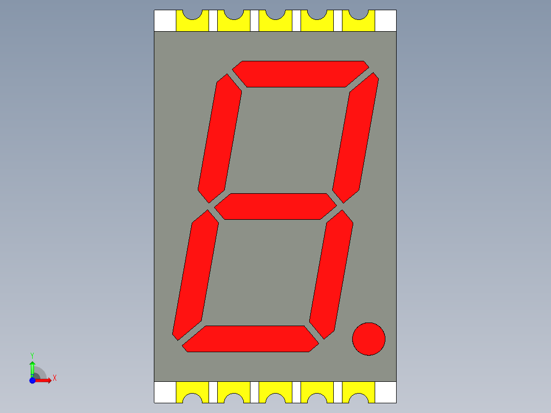 一个薄的表面贴装一位数7段LED显示屏。彩色红色LED s数字高17，78毫米前视图