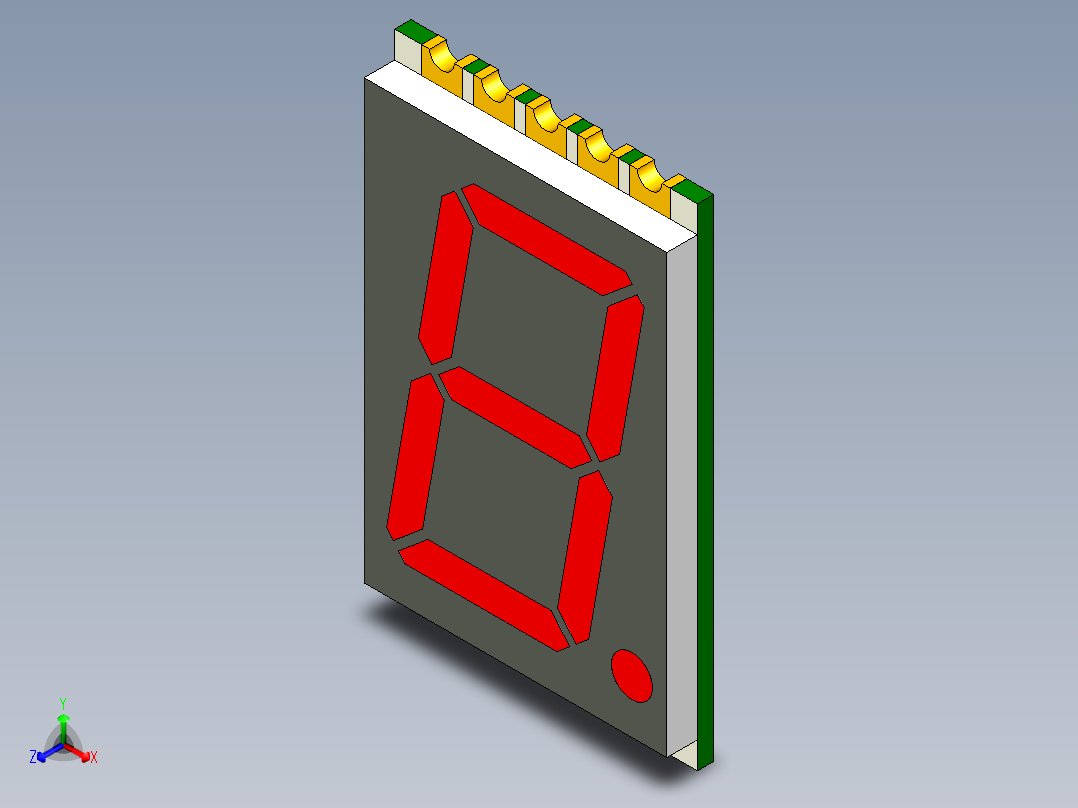 一个薄的表面贴装一位数7段LED显示屏。彩色红色LED s数字高17，78毫米正等轴测图