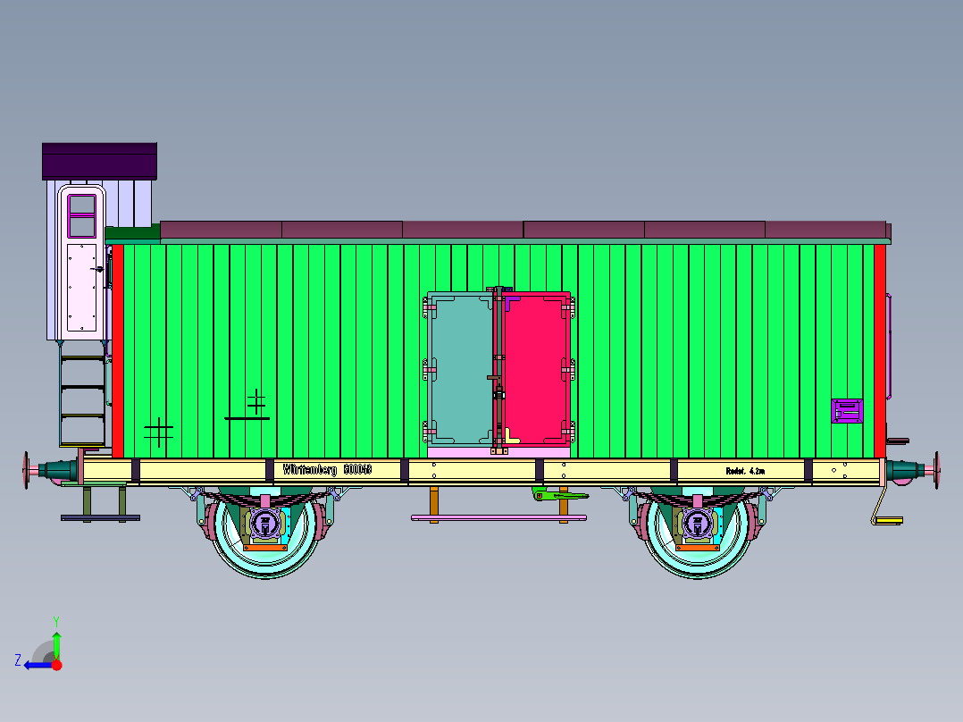 有轨铁路木制运载货车右视图