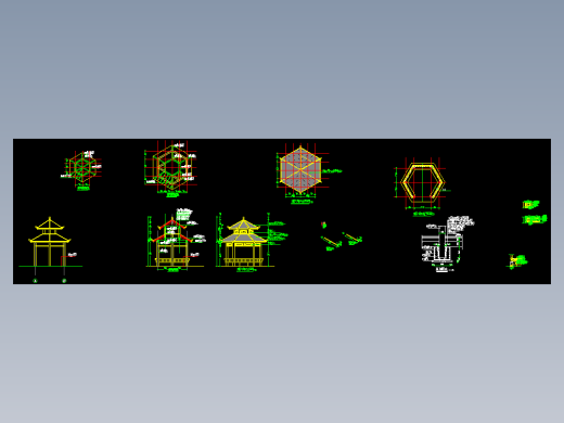 一套防腐木材质的实木双层六角亭施工CAD图纸 重檐仿古景观亭子