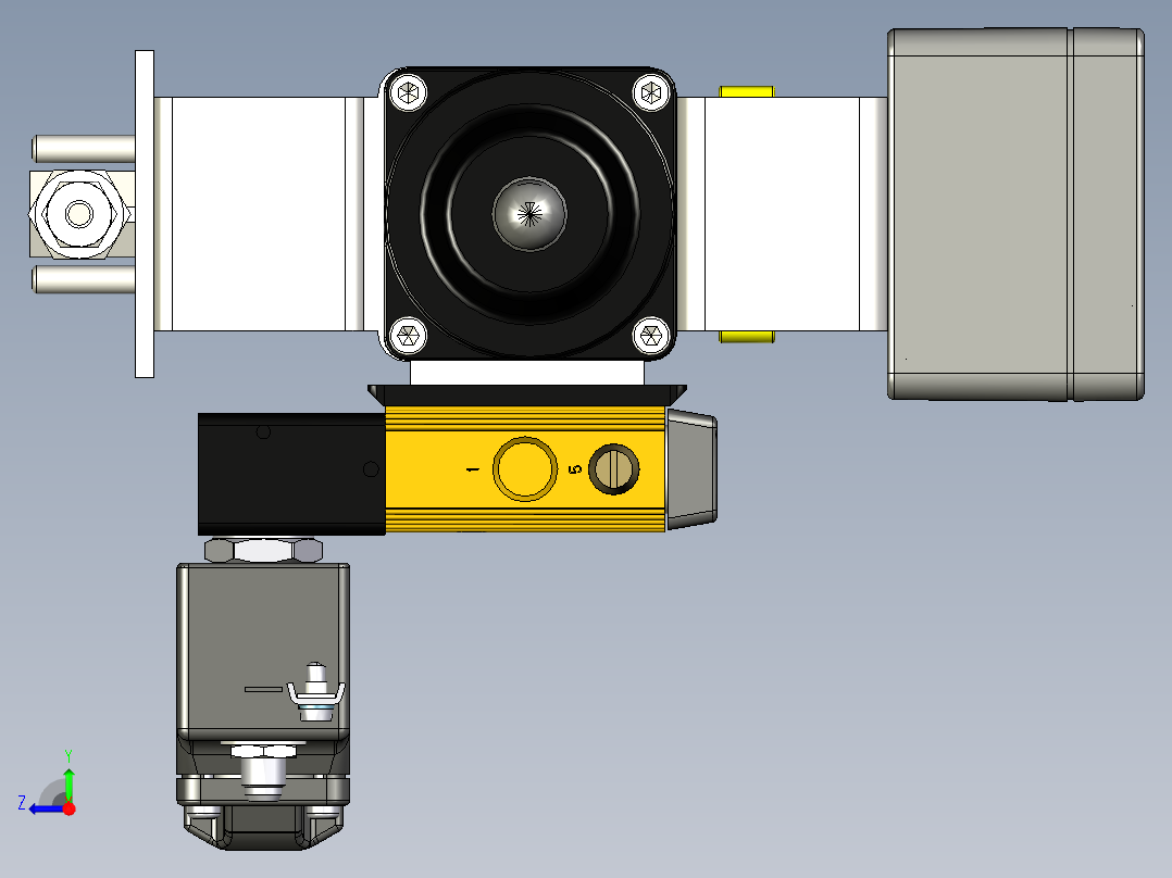 带气动执行器和3-2通阀的2通球阀右视图