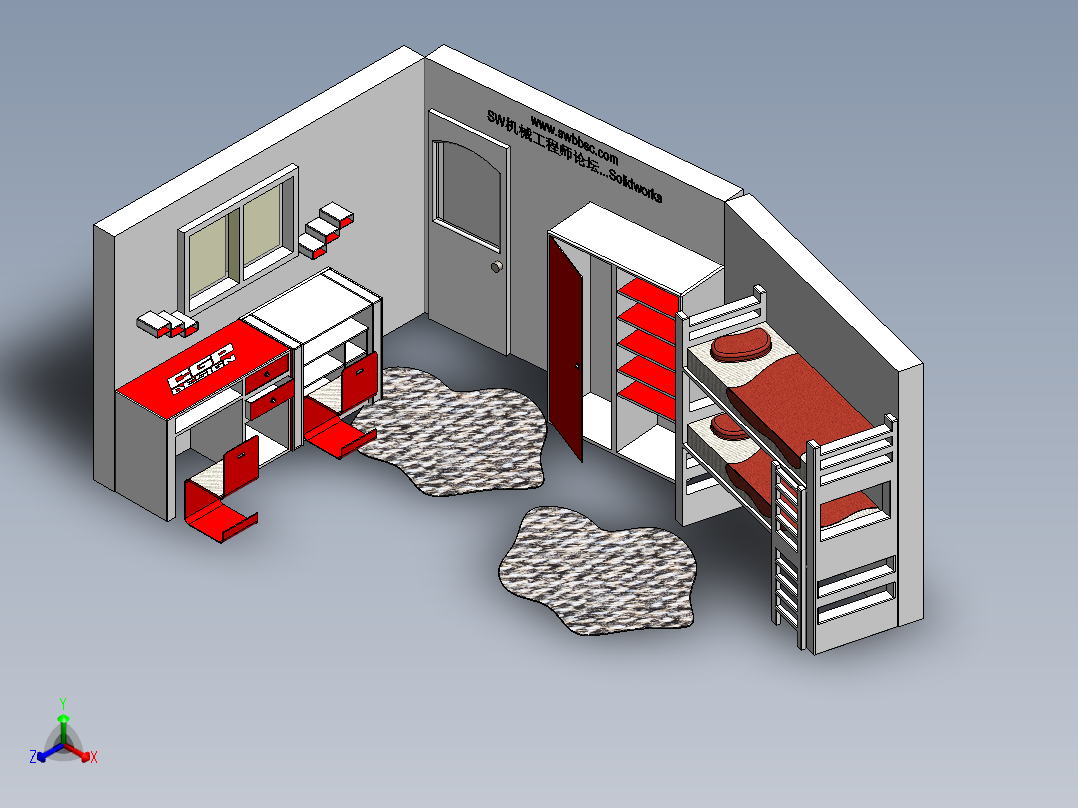 儿童房书房学生房作业桌书柜上下床SW2018正等轴测图