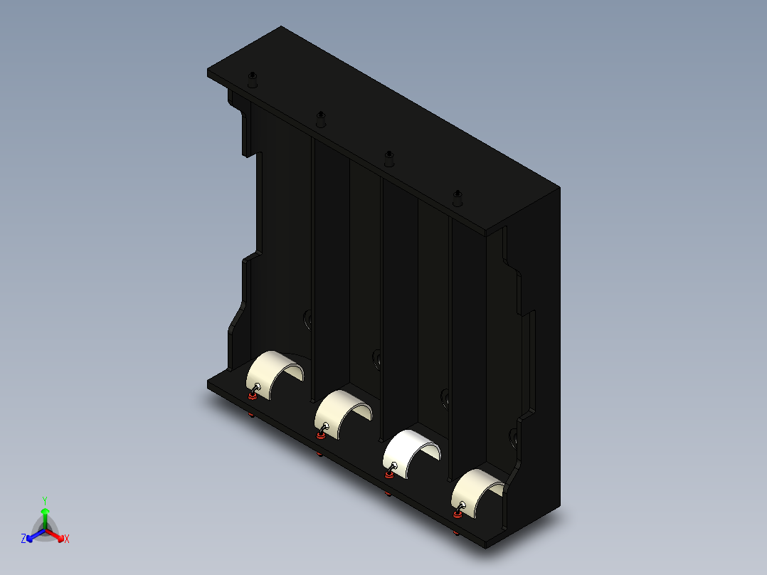 4 x 18650电池座。每个电池槽的单独导线，通常用于并联电池。带有M3（或#4）低头螺钉的安装支架孔。电池通过弹簧钢触点固定和接触主视图