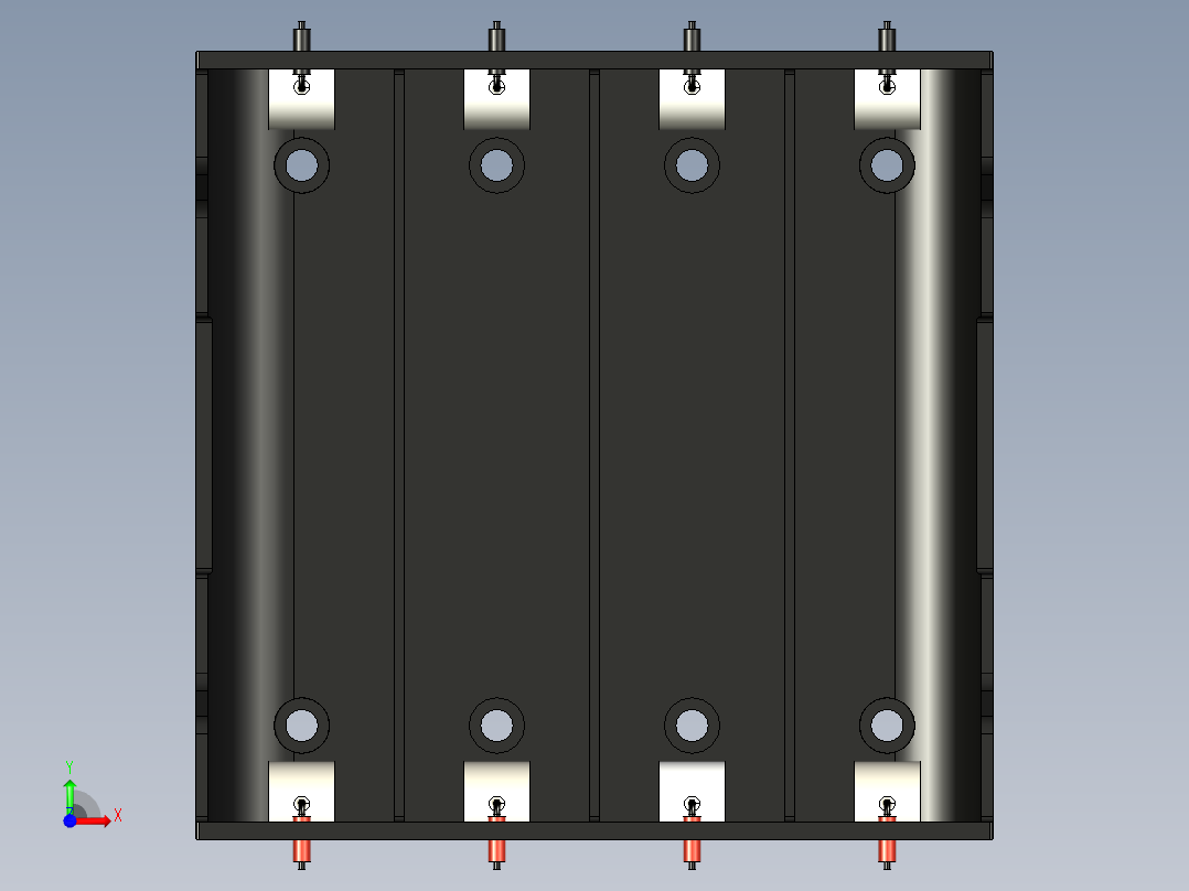 4 x 18650电池座。每个电池槽的单独导线，通常用于并联电池。带有M3（或#4）低头螺钉的安装支架孔。电池通过弹簧钢触点固定和接触前视图
