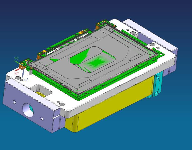 铝制电脑A壳铣HINGE缺口四轴伸缩定位+真空吸气工装治具模型