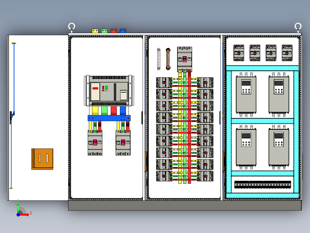 三柜组装万能断路器630A竖装软启动控制柜前视图