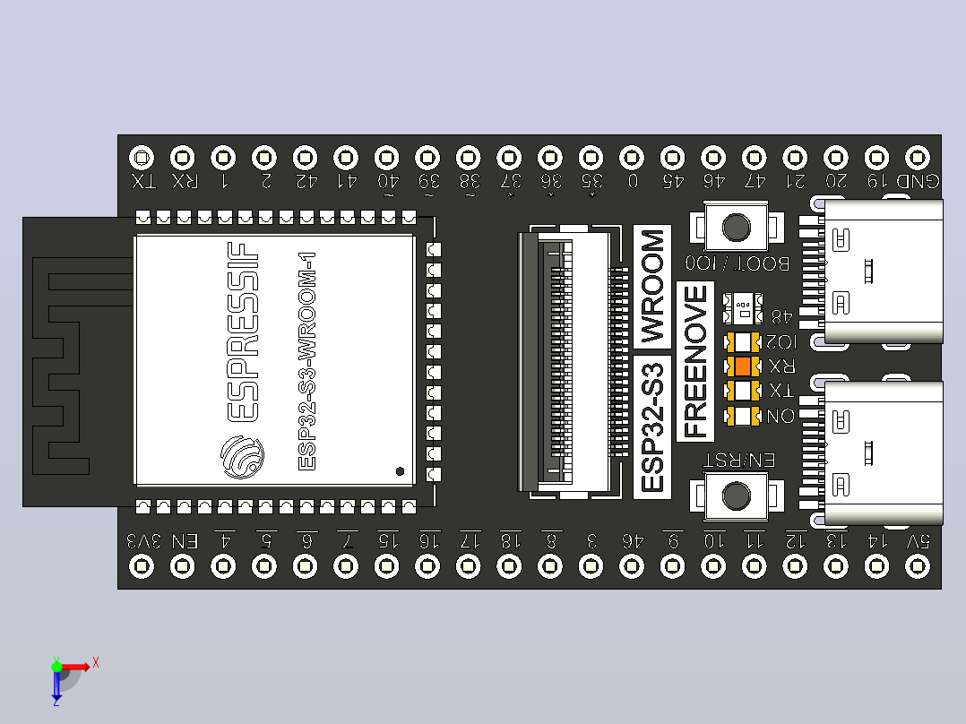 Freenove ESP32-S3-WROOM开发板，GPIO端口、WiFi、与OV2640和OV5640模块兼容的摄像头接口、SD卡插槽、WS2812 RGB LED、蓝牙、USB OTG、USB UART俯视图