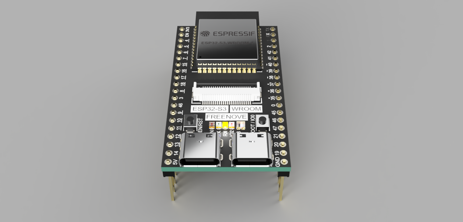 Freenove ESP32-S3-WROOM开发板，GPIO端口、WiFi、与OV2640和OV5640模块兼容的摄像头接口、SD卡插槽、WS2812 RGB LED、蓝牙、USB OTG、USB UART
