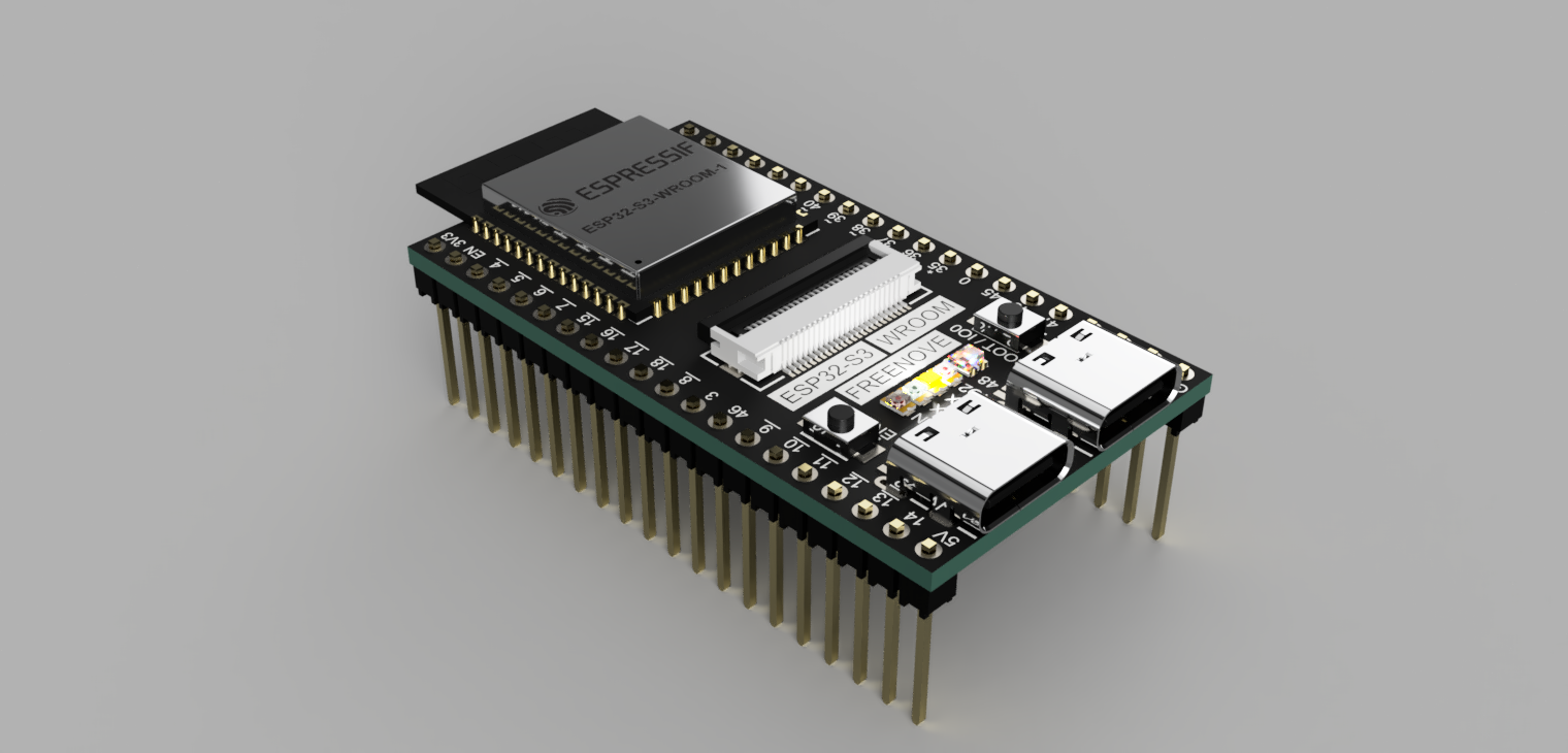Freenove ESP32-S3-WROOM开发板，GPIO端口、WiFi、与OV2640和OV5640模块兼容的摄像头接口、SD卡插槽、WS2812 RGB LED、蓝牙、USB OTG、USB UART