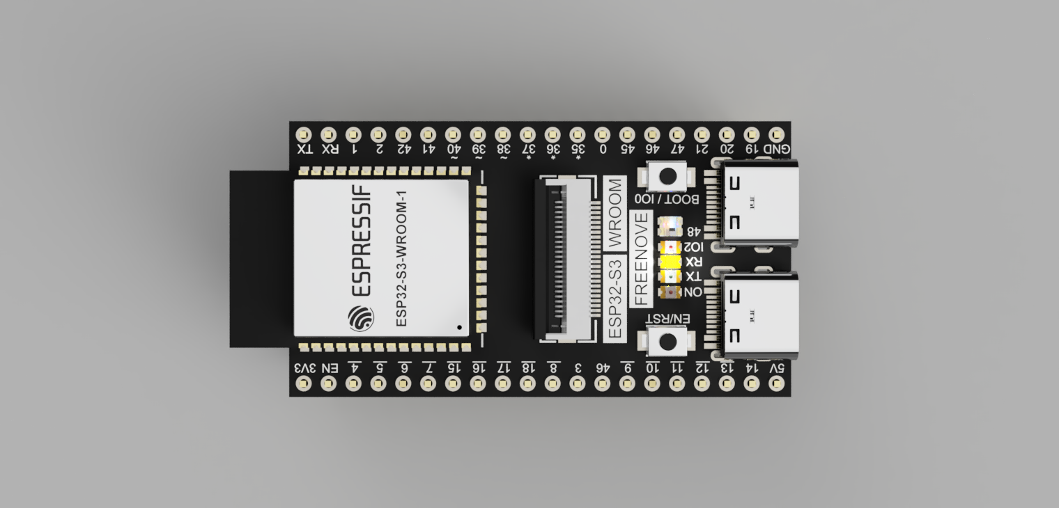 Freenove ESP32-S3-WROOM开发板，GPIO端口、WiFi、与OV2640和OV5640模块兼容的摄像头接口、SD卡插槽、WS2812 RGB LED、蓝牙、USB OTG、USB UART