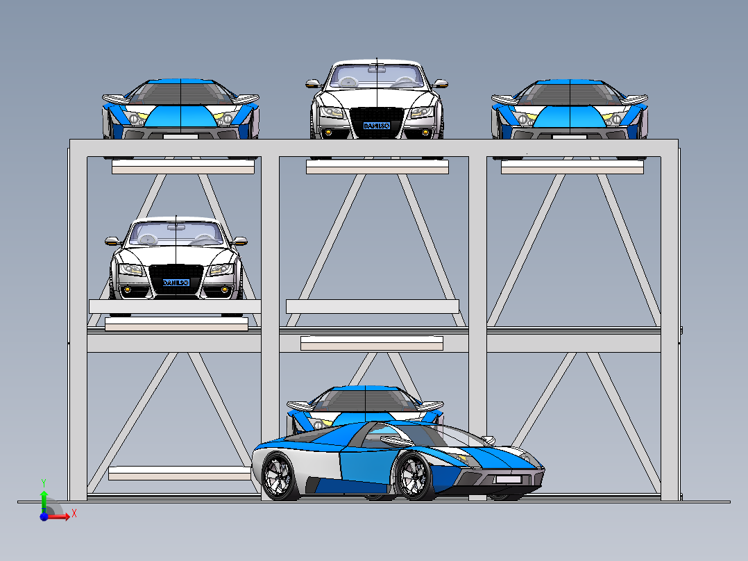 三层三列升降横移自动化立体车库机械系统cad图纸+说明书+SW三维前视图