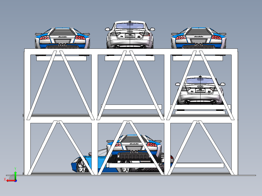 三层三列升降横移自动化立体车库机械系统cad图纸+说明书+SW三维后视图