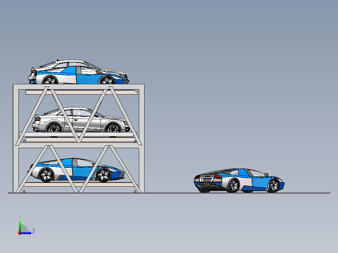 三层三列升降横移自动化立体车库机械系统cad图纸+说明书+SW三维左视图