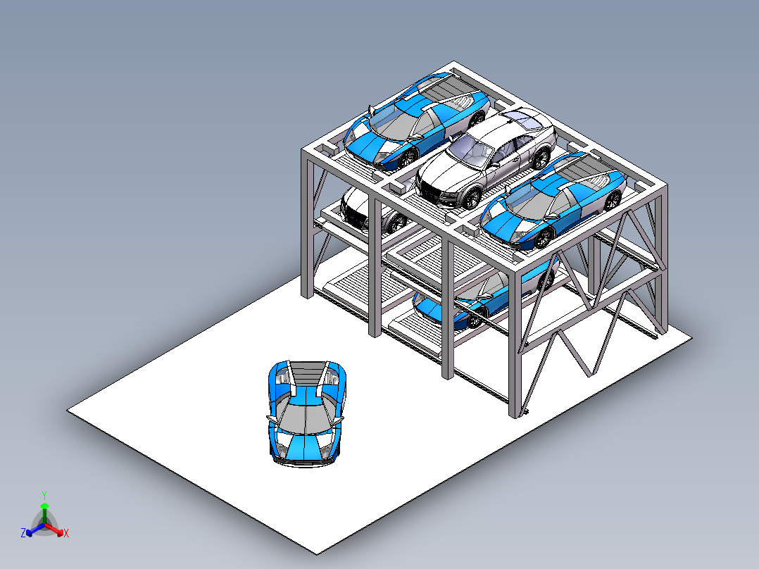 三层三列升降横移自动化立体车库机械系统cad图纸+说明书+SW三维正等轴测图