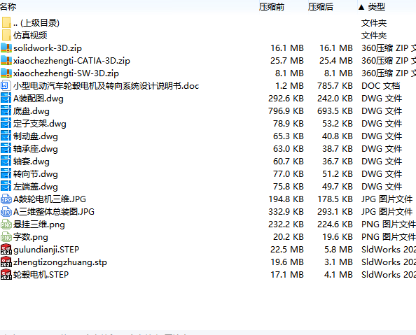 小型电动汽车轮毂电机及转向系统设计含CATIA、SW三维及8张CAD图