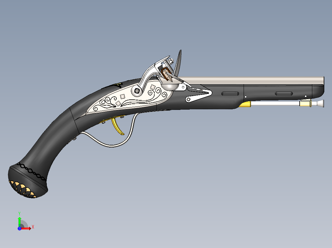 手枪左轮冲锋枪老式狙击步枪设计3D图纸flintlock-pistol SW STP STL前视图