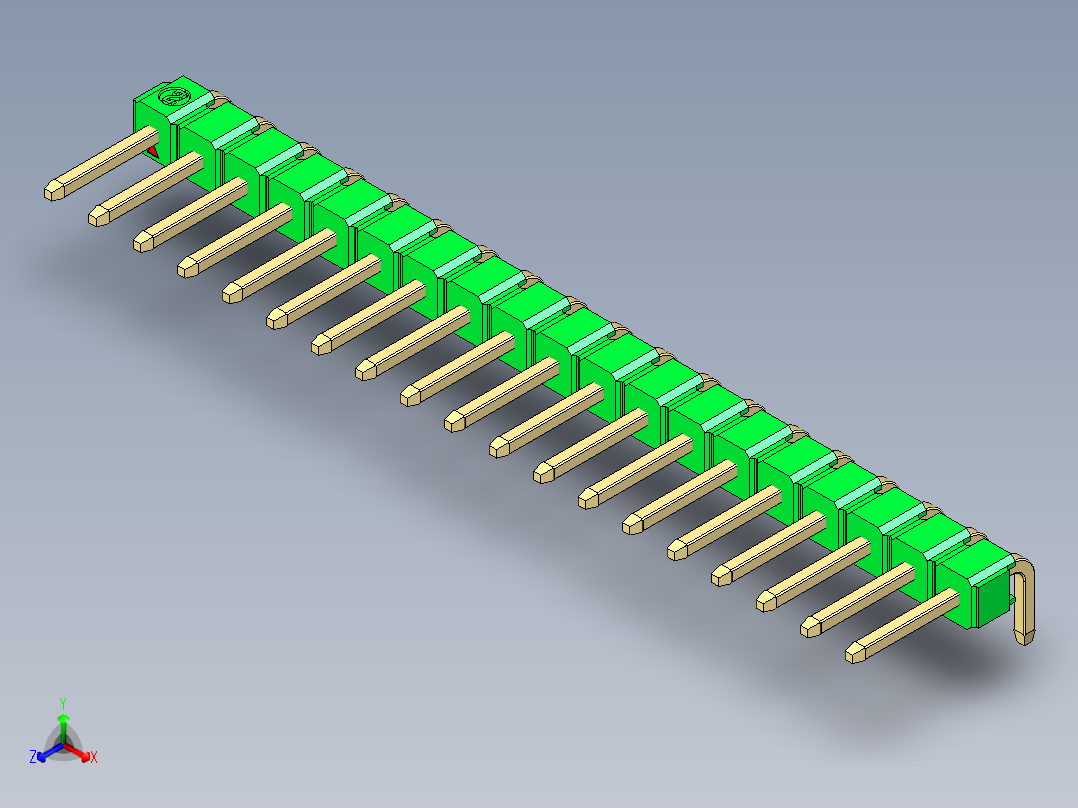 彩色公排针 100mil 2.54mm 系列-DS1022_green_1x19p_100mil_TypeD_rev1.0正等轴测图