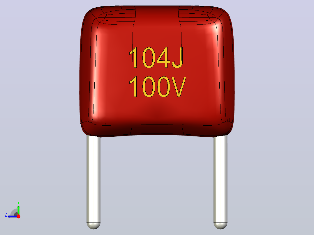 聚丙烯薄膜电容器。104J 100V。Picth 5米6x5x2,5mm毫米。印刷电路板(PCB)的通孔安装右视图