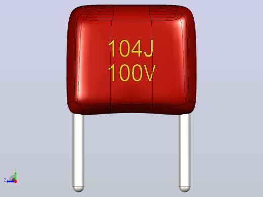 聚丙烯薄膜电容器。104J 100V。Picth 5米6x5x2,5mm毫米。印刷电路板(PCB)的通孔安装右视缩略图
