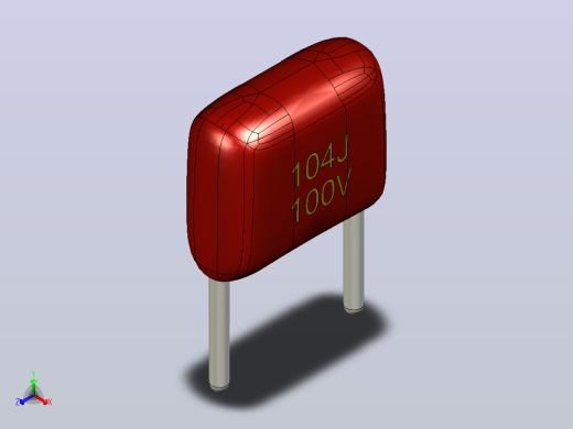 聚丙烯薄膜电容器。104J 100V。Picth 5米6x5x2,5mm毫米。印刷电路板(PCB)的通孔安装正等轴测缩略图