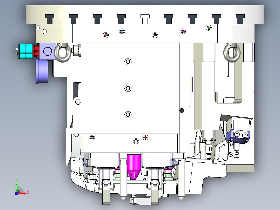 右前轮罩五轴夹具 卧加五轴保压形式液压夹具X_T前视图