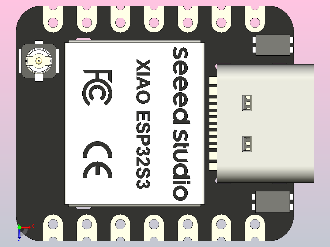 Seeed Studio XIAO ESP32S3利用ESP32的240MHz Xtensa 32位LX7双核处理器，支持WiFi和5.0无线连接，2.4GHz棒状天线，允许深度睡眠模式，功耗低至14μA，同时支持锂电池充电管理。非常适合物联网、智能家居、无线可穿戴设备、机器人等俯视图