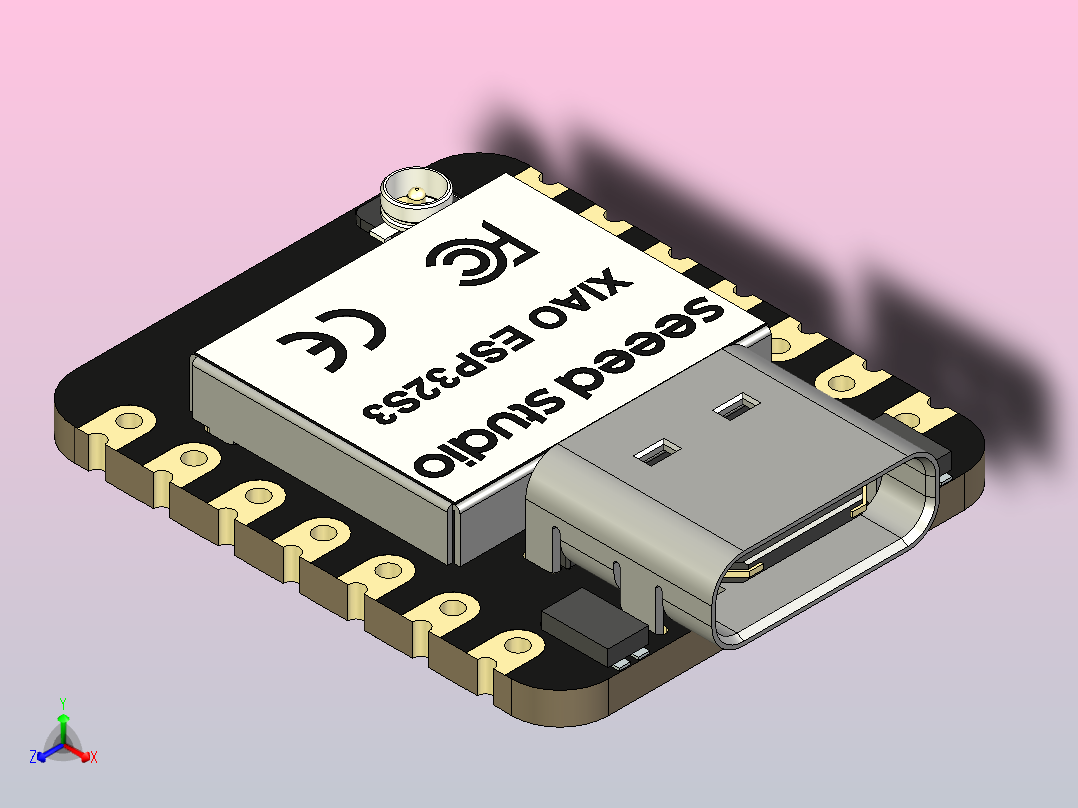 Seeed Studio XIAO ESP32S3利用ESP32的240MHz Xtensa 32位LX7双核处理器，支持WiFi和5.0无线连接，2.4GHz棒状天线，允许深度睡眠模式，功耗低至14μA，同时支持锂电池充电管理。非常适合物联网、智能家居、无线可穿戴设备、机器人等正等轴测图