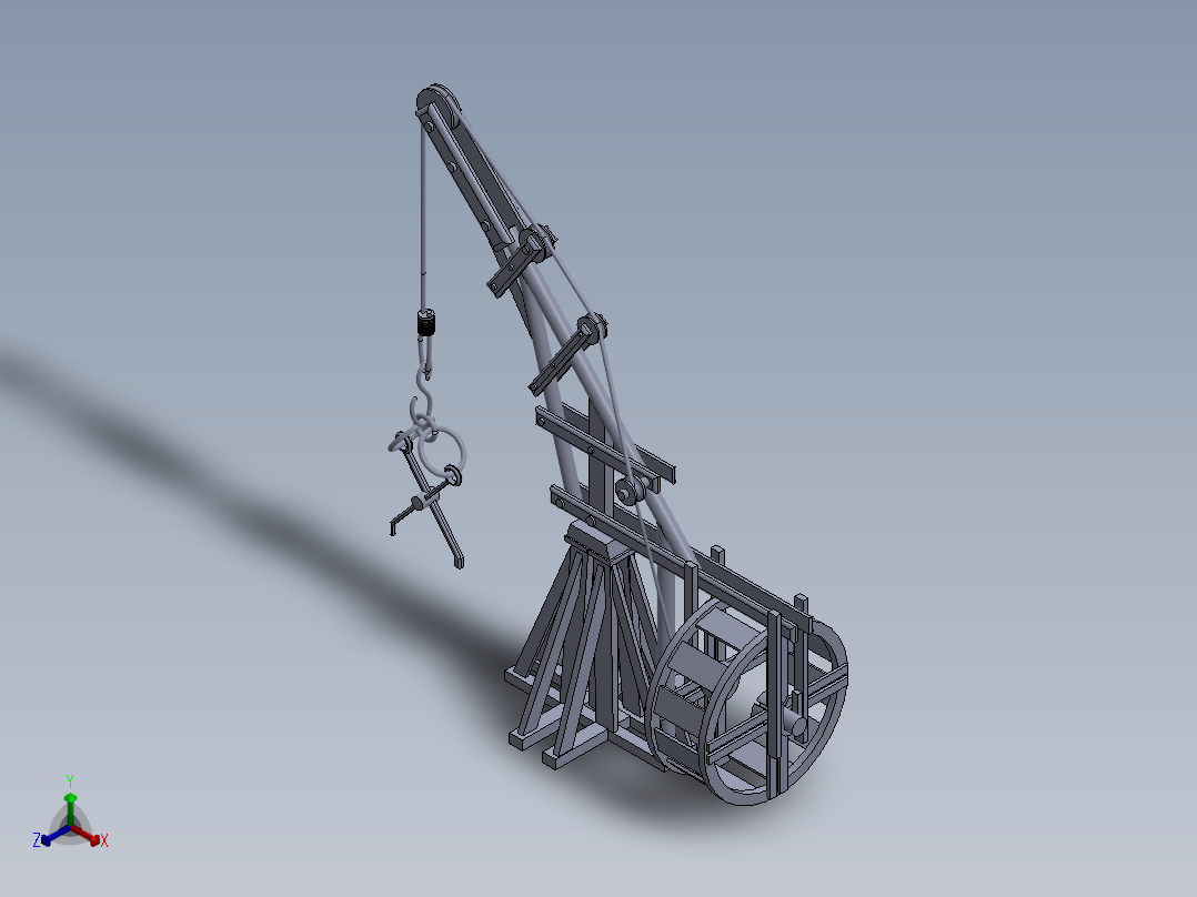 欧洲中世纪的起重机结构模型正等轴测图