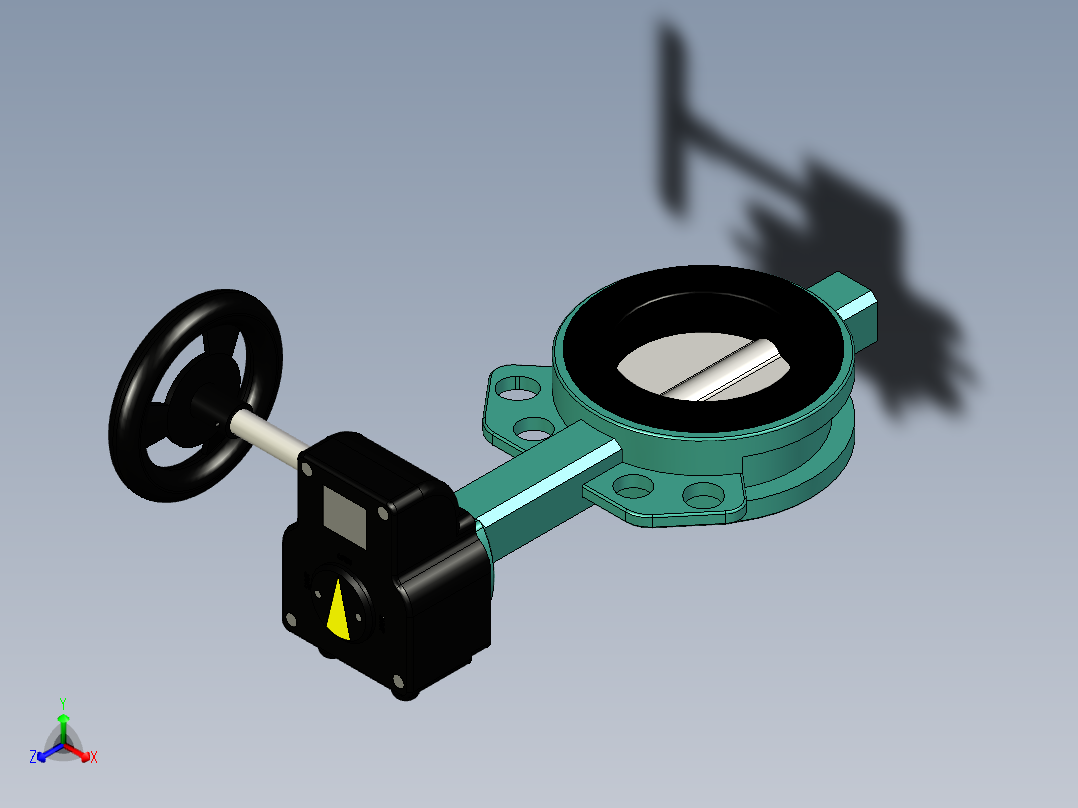 带手动手轮齿轮箱的INTERAPP蝶阀，蝶形对夹式阀门正等轴测图