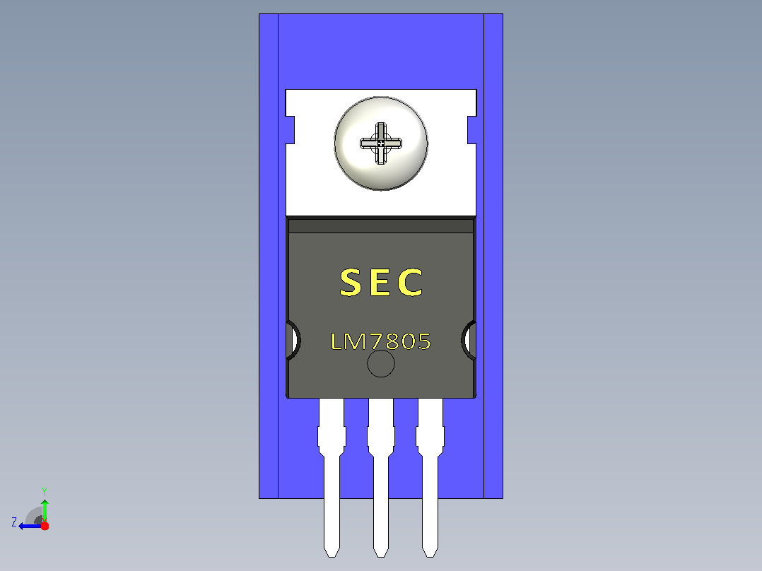 LM7805蓝色散热器25 x 12 6 x 6 5 mm孔18 3mm螺丝固定.stp右视图