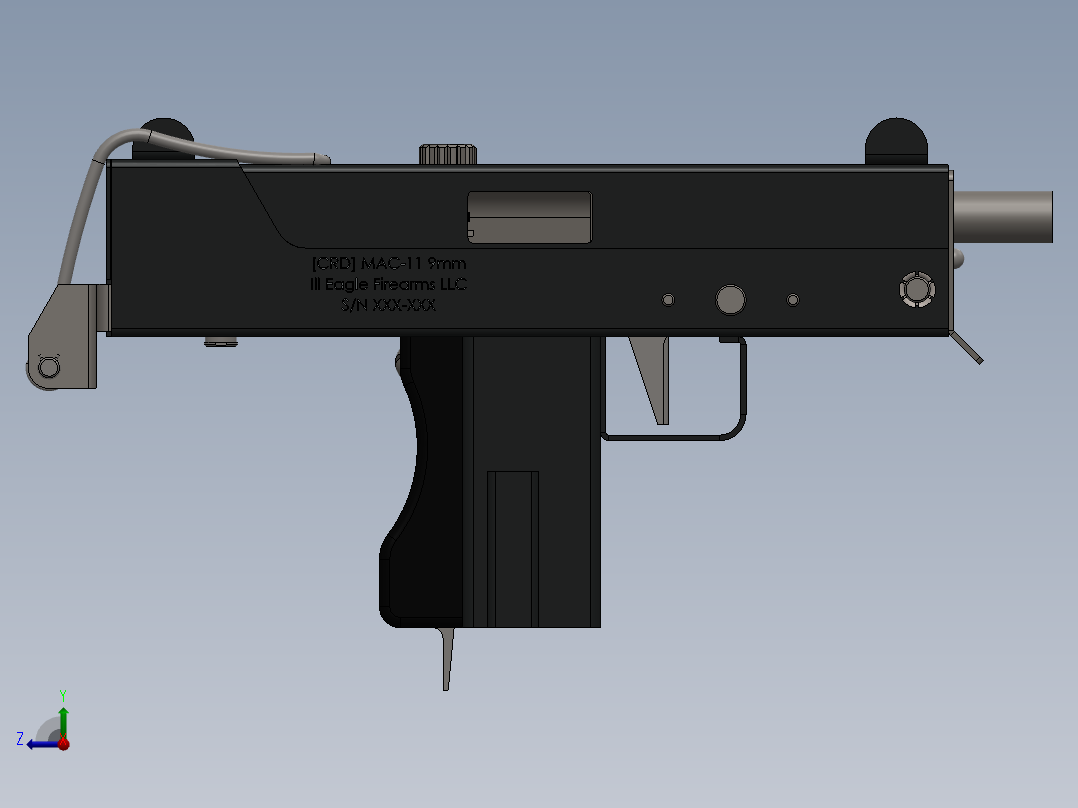 手枪左轮冲锋枪老式狙击步枪设计3D图纸crd-mac-11-inspired-smg-9mm SolidWorks右视图