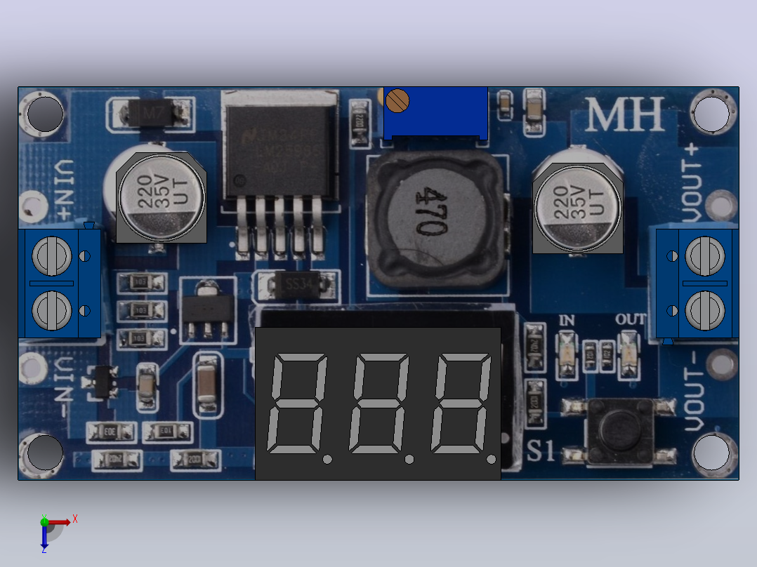 LM2596降压转换器4.0~40转1.3 ~ 37V可调降压电源模块，带LED显示电压表俯视图