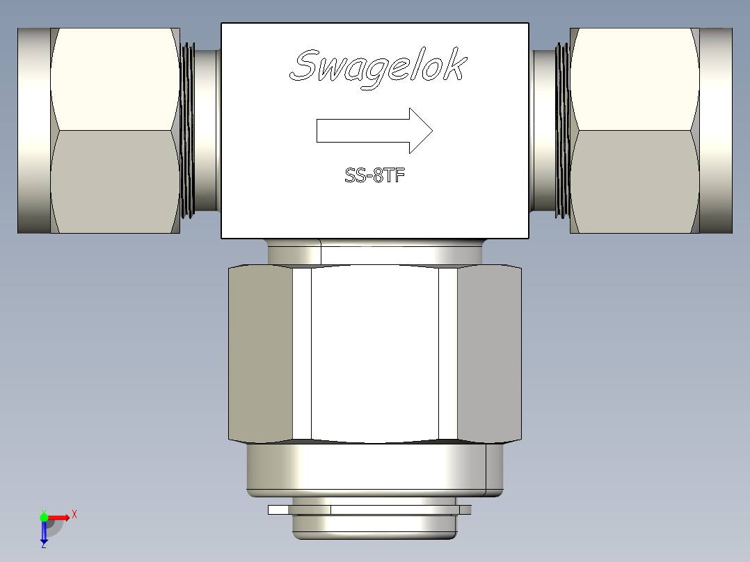 B3004455-SS-8TF-LE不锈钢T型颗粒过滤器，1_2英寸Swagelok管接头，无滤芯俯视图