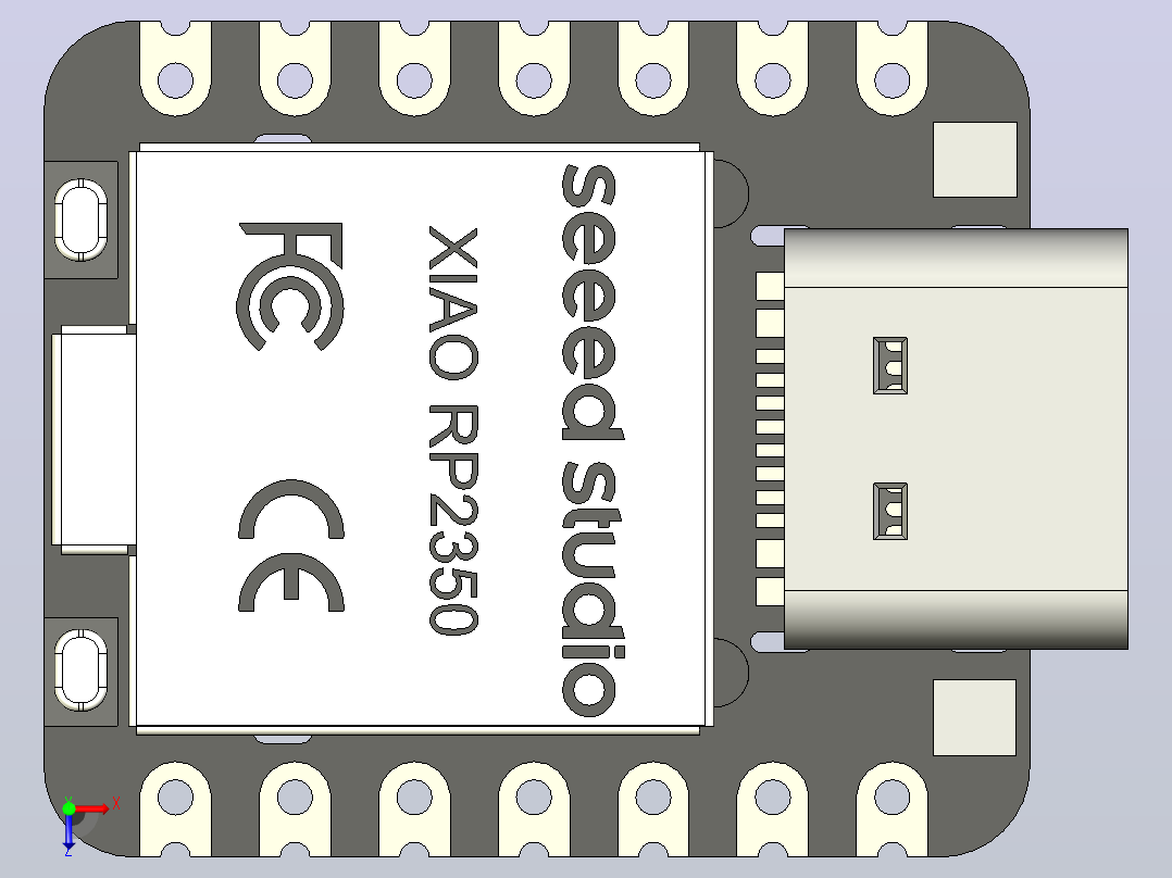 XIAO RP2350将Raspberry Pi RP2350的强大功能(运行频率为150MHz、带FPU的双Arm Cortex-M33内核的可切换架构，以及双开放硬件hazard 3 RISC-V内核，增强的安全性和加密)融入到经典的XIAO外形中俯视图