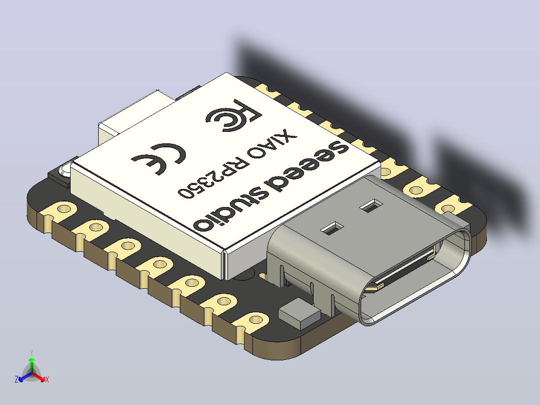 XIAO RP2350将Raspberry Pi RP2350的强大功能(运行频率为150MHz、带FPU的双Arm Cortex-M33内核的可切换架构，以及双开放硬件hazard 3 RISC-V内核，增强的安全性和加密)融入到经典的XIAO外形中正等轴测图