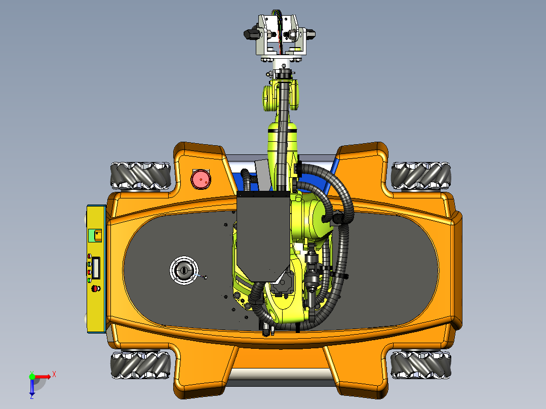 带有视觉检测机构的麦轮AGV小车俯视图