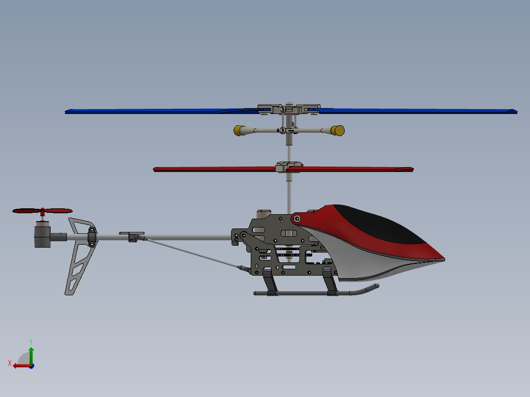 航模遥控直升飞机模型三维设计图纸 solidworks建模后视图