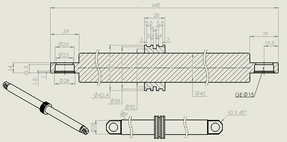 液压缸杆（直径=40毫米，长度=645毫米）