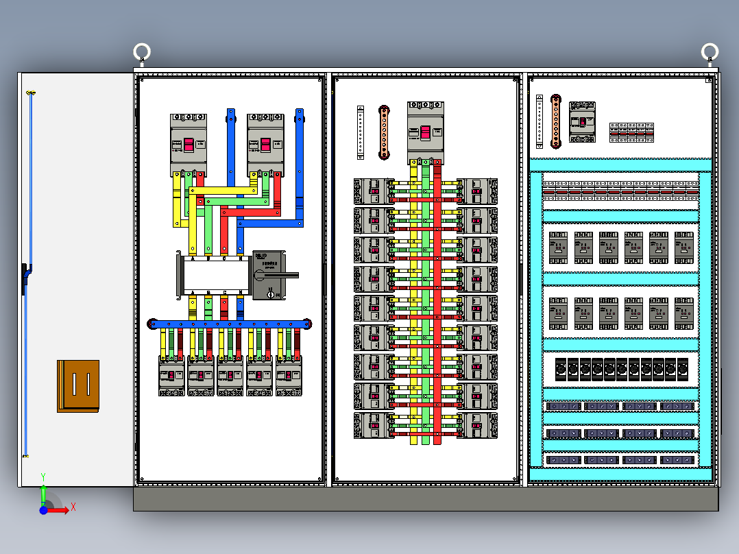 三柜组装双电源630A竖装12路交流接触器控制柜前视图