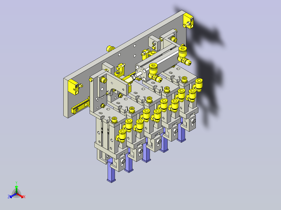 一款变更工件间距的5连夹头机构3D图纸主视图