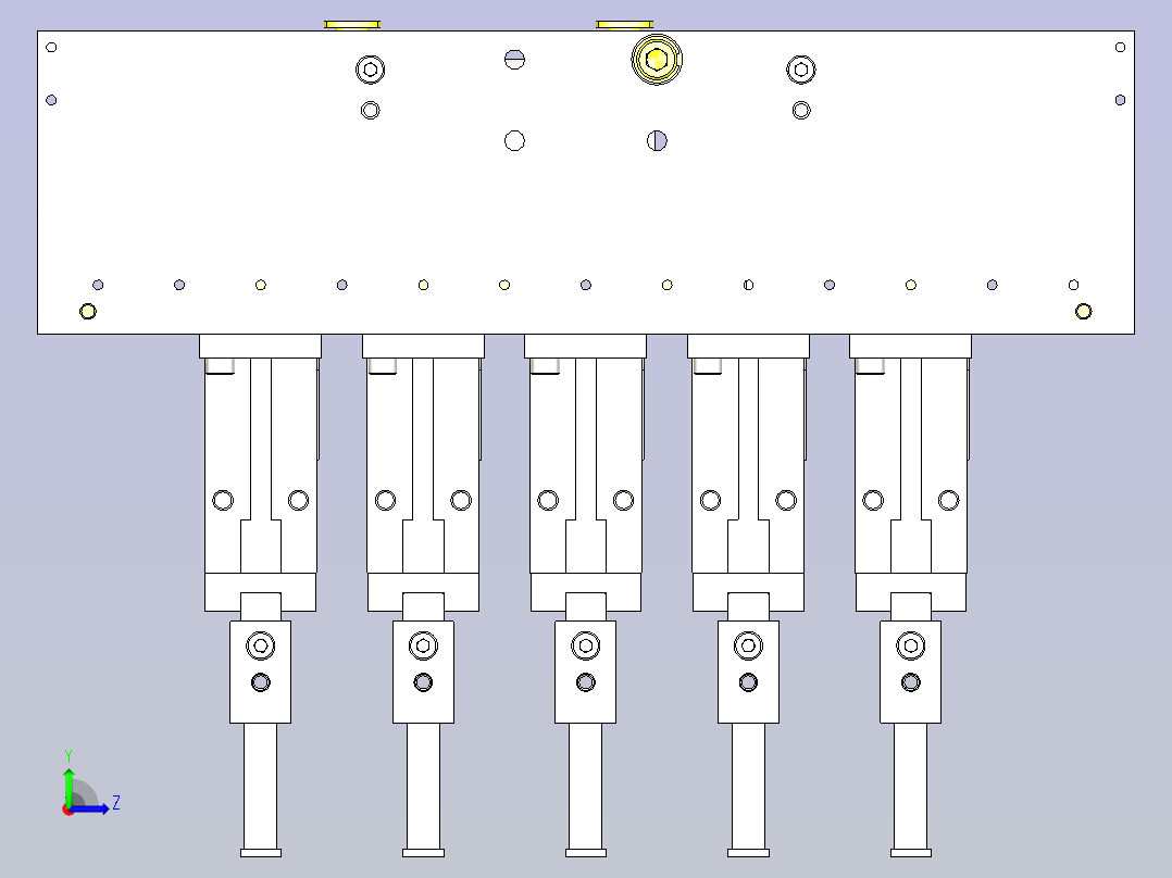 一款变更工件间距的5连夹头机构3D图纸左视图